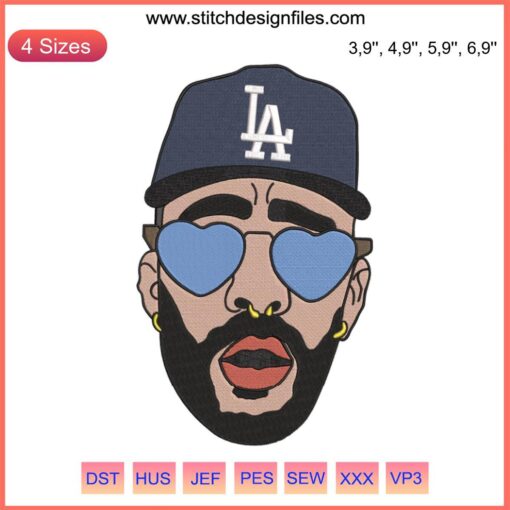 Los Angeles Dodgers MLB Bad Bunny Embroidery Design File, featuring baseball machine stitch pattern.