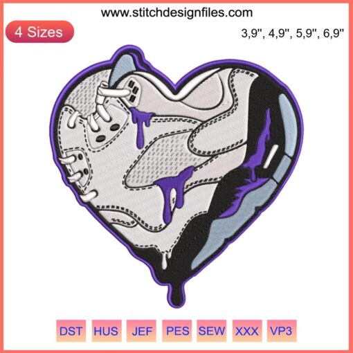 Heart Jordan 5 Dark Concord Retro Embroidery Design File featuring classic Jordan 5 retro details, perfect for sneaker enthusiasts.