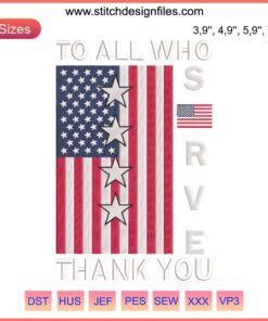 Patriotic American Embroidery Design File: "Thank You Veterans Day" with stars, stripes, and flag elements. Perfect for patriotic crafts.