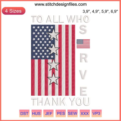 Patriotic American Embroidery Design File: "Thank You Veterans Day" with stars, stripes, and flag elements. Perfect for patriotic crafts.