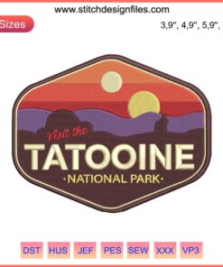 Tatooine National Park embroidery design featuring sunset, twin suns, Star Wars theme. Perfect for sci-fi and embroidery enthusiasts.