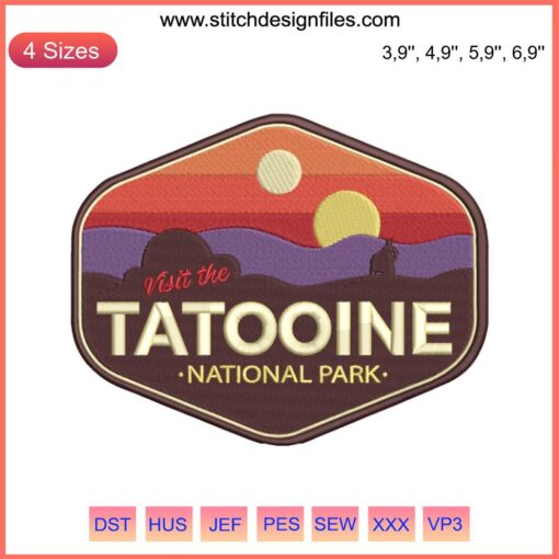 Tatooine National Park embroidery design featuring sunset, twin suns, Star Wars theme. Perfect for sci-fi and embroidery enthusiasts.