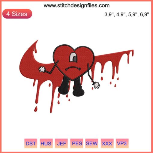 Sad Heart Bad Bunny Dripping Swoosh Embroidery Design File, Un Verano Sin Ti, Machine Embroidery, Urban Style.