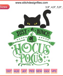 Black Cat Hocus Pocus Embroidery: Halloween Spooky Season Design, Witchy Vibes, DIY Sewing Project, Festive Crafting Pattern.