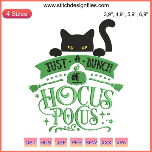 Black Cat Hocus Pocus Embroidery: Halloween Spooky Season Design, Witchy Vibes, DIY Sewing Project, Festive Crafting Pattern.