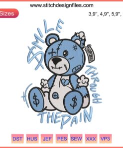 Bear embroidery design for Jordan 1 outfit, featuring a blue bear with a pained smile. Machine embroidery file.