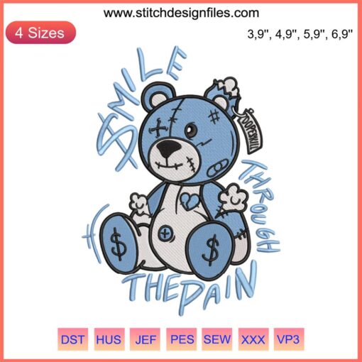 Bear embroidery design for Jordan 1 outfit, featuring a blue bear with a pained smile. Machine embroidery file.