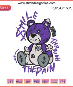 Bear Jordan Smile Through The Pain Embroidery featuring Jordan 1 Retro Court Purple sneakers, vibrant and bold design.