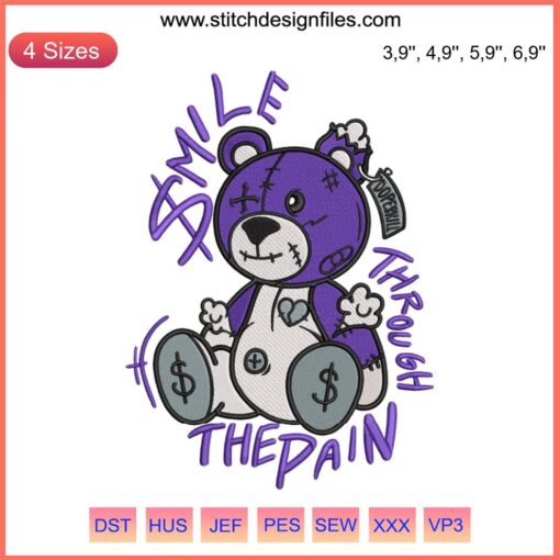 Bear Jordan Smile Through The Pain Embroidery featuring Jordan 1 Retro Court Purple sneakers, vibrant and bold design.