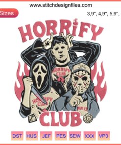 Horrify Club Halloween Embroidery, Stranger Things Horror Design: Eleven, Demogorgon, Vecna in spooky Halloween style.