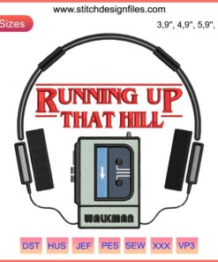 Kate Bush-inspired Walkman embroidery design featuring "Running Up That Hill", Stranger Things 4 style. Retro music art piece.