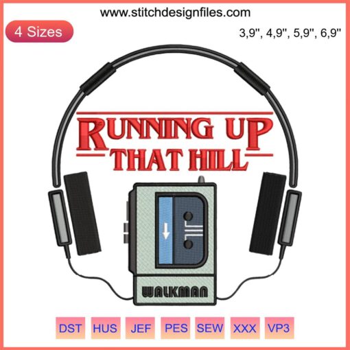 Kate Bush-inspired Walkman embroidery design featuring "Running Up That Hill", Stranger Things 4 style. Retro music art piece.