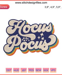 Hocus Pocus Retro Vintage Embroidery Halloween Sunset Design File with witch silhouettes and pumpkins.