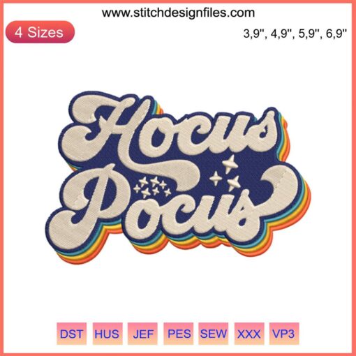 Hocus Pocus Retro Vintage Embroidery Halloween Sunset Design File with witch silhouettes and pumpkins.