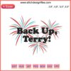 Colorful "Fireworks Back Up Terry" embroidery for 4th of July; vibrant patriotic design with stars and bursts for Independence Day.