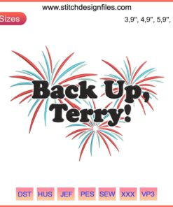 Colorful "Fireworks Back Up Terry" embroidery for 4th of July; vibrant patriotic design with stars and bursts for Independence Day.
