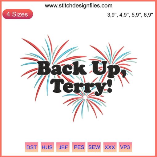 Colorful "Fireworks Back Up Terry" embroidery for 4th of July; vibrant patriotic design with stars and bursts for Independence Day.