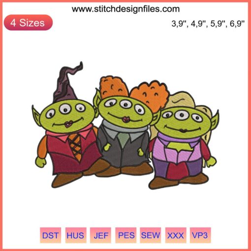 Hocus Pocus Halloween Embroidery: Sanderson Sisters meet Aliens design, funny Halloween decor, cross-stitch pattern.