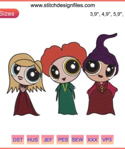 Chibi Sanderson Sisters x Powerpuff Girls Embroidery, Hocus Pocus Halloween Design, Cute Witch Characters, DIY Craft File