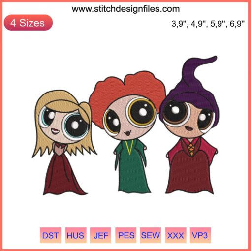 Chibi Sanderson Sisters x Powerpuff Girls Embroidery, Hocus Pocus Halloween Design, Cute Witch Characters, DIY Craft File