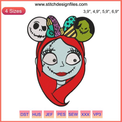 Sally Minnie Ears Embroidery, Disney Halloween, Nightmare Before Christmas Design File, Unique DIY Craft.