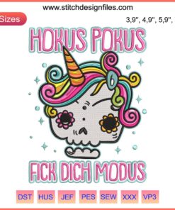 Colorful "Unicorn Hokus Pokus Fick Dich Modus" embroidery, featuring a whimsical unicorn and Halloween motifs for unicorn lovers.