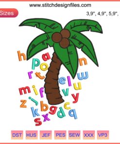 Coconut Tree Alphabet Embroidery: Vibrant "Chicka Chicka Boom Boom" design with letters on a palm tree. Educational, playful craft.