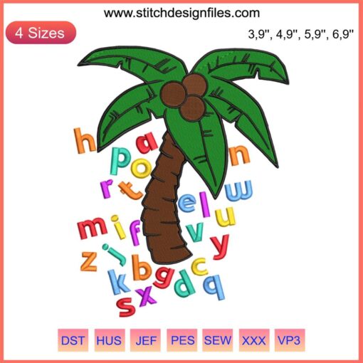 Coconut Tree Alphabet Embroidery: Vibrant "Chicka Chicka Boom Boom" design with letters on a palm tree. Educational, playful craft.