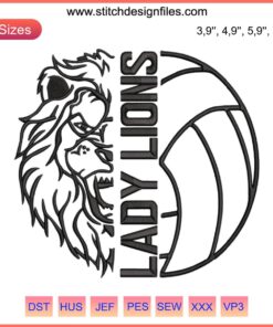 New Boston Lady Lions Volleyball Embroidery Design: Bold lion graphic with volleyball motif, team colors, perfect for sports apparel.