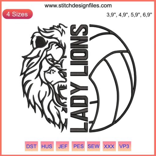 New Boston Lady Lions Volleyball Embroidery Design: Bold lion graphic with volleyball motif, team colors, perfect for sports apparel.