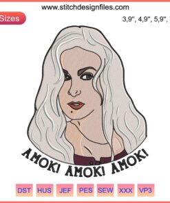 Sarah Sanderson Amok Embroidery Design File: Hocus Pocus Halloween Machine Pattern featuring vibrant witch graphics.