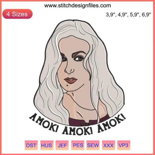 Sarah Sanderson Amok Embroidery Design File: Hocus Pocus Halloween Machine Pattern featuring vibrant witch graphics.