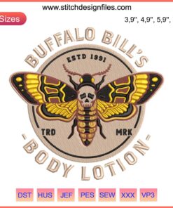 Buffalo Bill's Body Lotion Embroidery Design: Horror Movie-Inspired, Halloween Machine Embroidery Art, Unique Textile Creation.