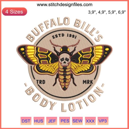Buffalo Bill's Body Lotion Embroidery Design: Horror Movie-Inspired, Halloween Machine Embroidery Art, Unique Textile Creation.