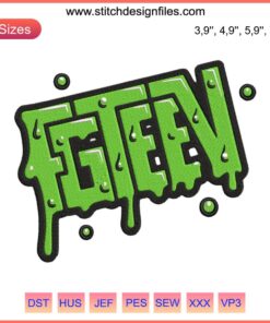 Colorful FGTeeV Merch Slime Logo Embroidery Design File featuring vibrant slime splashes and bold text for crafting projects.