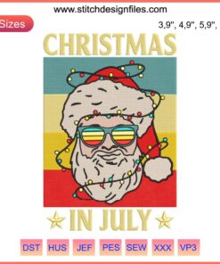Santa in sunglasses at beach, Christmas in July embroidery file, summer holiday design, festive artwork download.