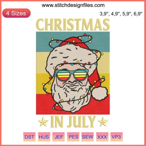 Santa in sunglasses at beach, Christmas in July embroidery file, summer holiday design, festive artwork download.