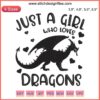 Whimsical embroidery design of a girl with dragons and text "Just A Girl Who Loves Dragons" on a purple backdrop, perfect gift.