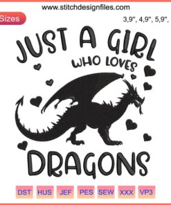 Whimsical embroidery design of a girl with dragons and text "Just A Girl Who Loves Dragons" on a purple backdrop, perfect gift.