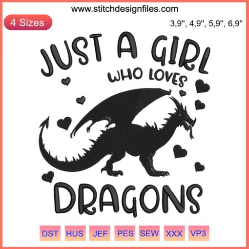 Whimsical embroidery design of a girl with dragons and text "Just A Girl Who Loves Dragons" on a purple backdrop, perfect gift.