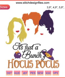 Hocus Pocus Embroidery: Witchy Hair Halloween Design, Vibrant Threads, Eye-catching Halloween Embroidery, Witch Costume Detail.