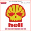 Skull with Shell Gas Station Logo parody, Hell Shell Skull Embroidery; humorous design for accessories and apparel.