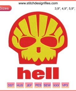 Skull with Shell Gas Station Logo parody, Hell Shell Skull Embroidery; humorous design for accessories and apparel.