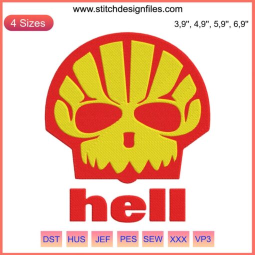 Skull with Shell Gas Station Logo parody, Hell Shell Skull Embroidery; humorous design for accessories and apparel.