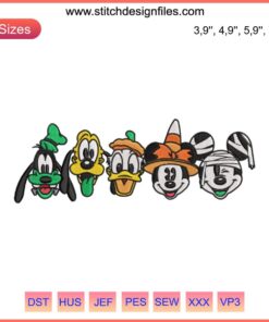 Disney's Mickey & Friends Halloween Embroidery: Mickey, Minnie, Goofy in costumes on spooky-themed fabric. Perfect Halloween gift.