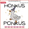 Cartoon witch duck with bright hat, wand, and text "Honkus Ponkus", ideal for Halloween embroidery, humor, and machine design.