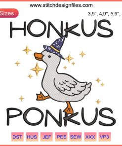 Cartoon witch duck with bright hat, wand, and text "Honkus Ponkus", ideal for Halloween embroidery, humor, and machine design.
