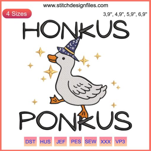 Cartoon witch duck with bright hat, wand, and text "Honkus Ponkus", ideal for Halloween embroidery, humor, and machine design.