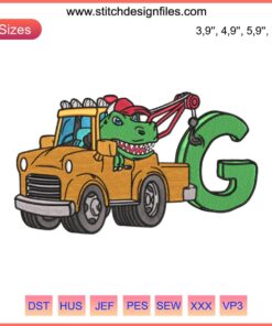 Kids Birthday Tow Truck Dinosaur Embroidery Design: T-Rex Custom Name Birthday Gift File, Personalized Sewing Pattern.