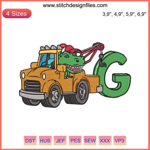 Kids Birthday Tow Truck Dinosaur Embroidery Design: T-Rex Custom Name Birthday Gift File, Personalized Sewing Pattern.